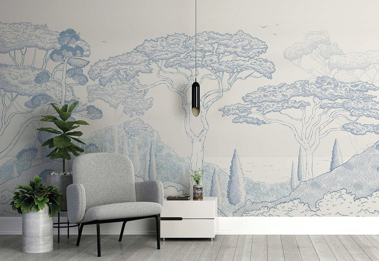 An architectural perspective of a contemporary reading nook featuring the Tropical Landscape Mural as a full-scale feature wall. The mural’s light, airy design pairs elegantly with a grey mid-century modern armchair and light-toned flooring, creating a peaceful and cultured interior.