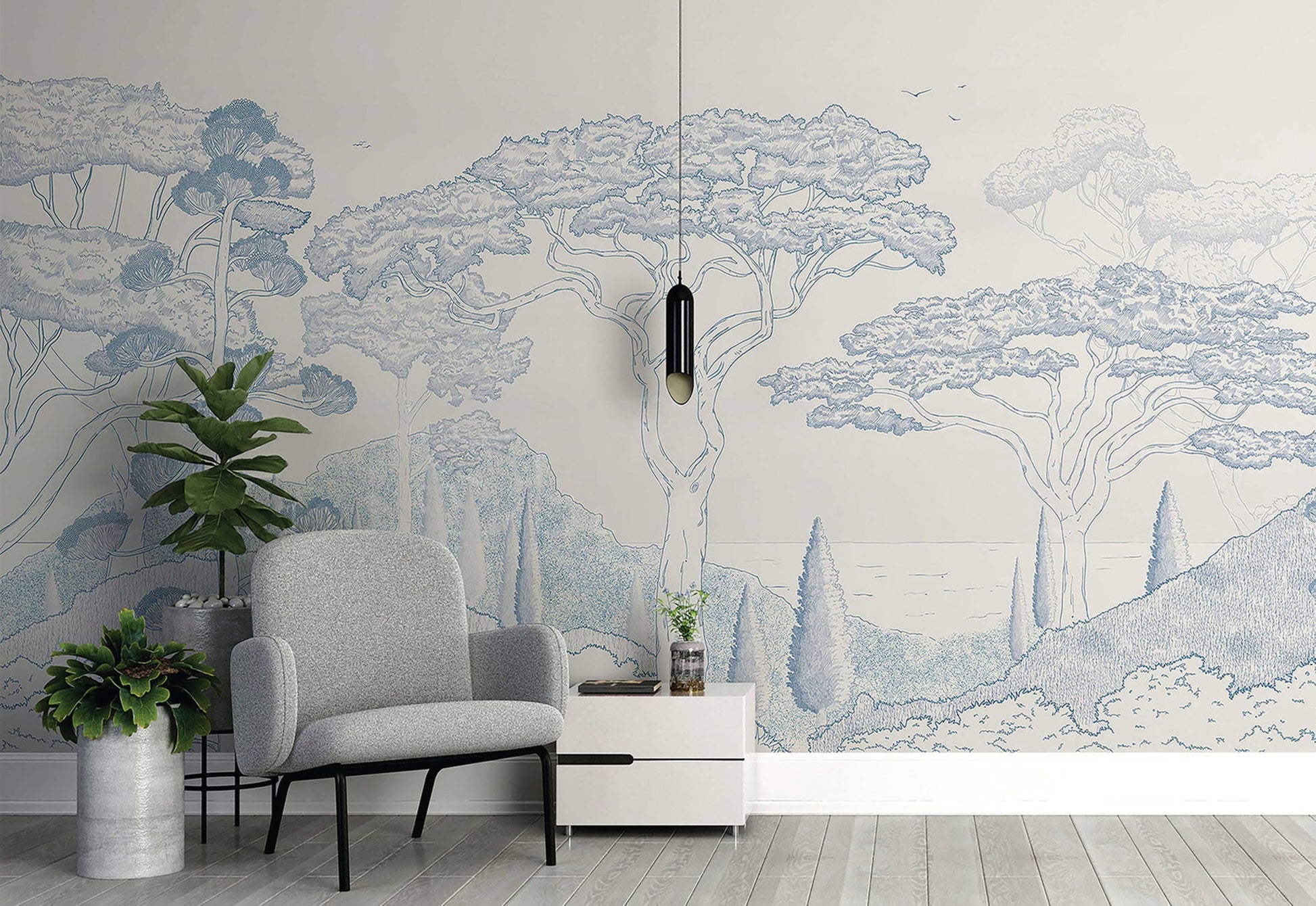 An architectural perspective of a contemporary reading nook featuring the Tropical Landscape Mural as a full-scale feature wall. The mural’s light, airy design pairs elegantly with a grey mid-century modern armchair and light-toned flooring, creating a peaceful and cultured interior.