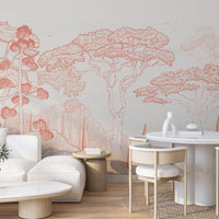An architectural perspective of a contemporary reading nook featuring the Tropical Landscape Mural in Pumpkin Orange as a full-scale feature wall. The mural’s warm, etched design pairs elegantly with mid-century modern furniture and natural wooden flooring, creating a vibrant and cultured interior.