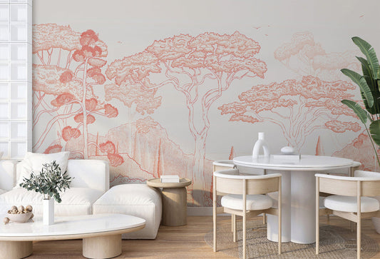 An architectural perspective of a contemporary reading nook featuring the Tropical Landscape Mural in Pumpkin Orange as a full-scale feature wall. The mural’s warm, etched design pairs elegantly with mid-century modern furniture and natural wooden flooring, creating a vibrant and cultured interior.