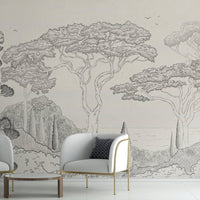 An architectural perspective of a contemporary reading nook featuring the Tropical Landscape Mural in Stone Gray as a full-scale feature wall. The mural’s detailed, monochromatic design pairs elegantly with slate-gray upholstery and natural stone accents, creating a grounded and cultured interior.