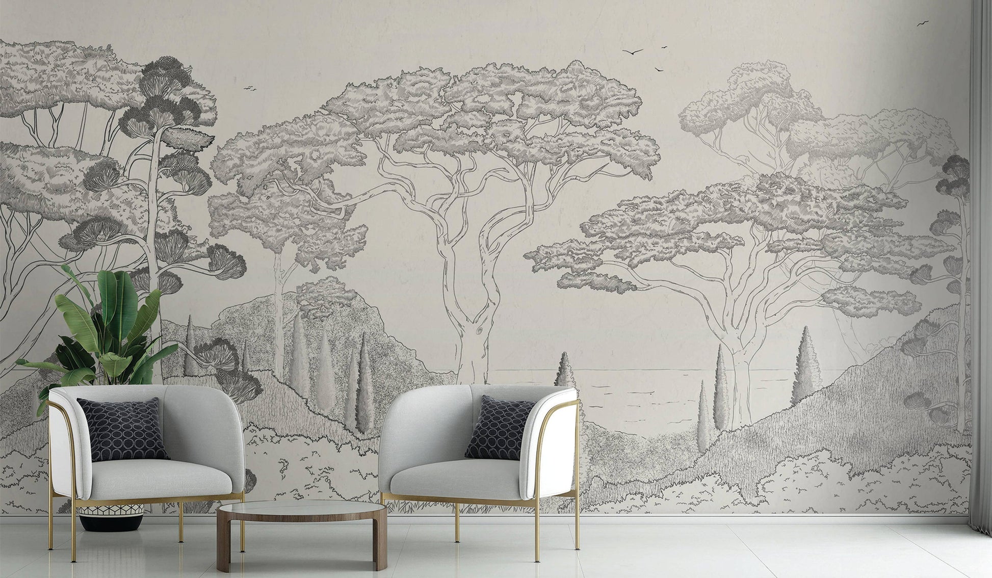 An architectural perspective of a contemporary reading nook featuring the Tropical Landscape Mural in Stone Gray as a full-scale feature wall. The mural’s detailed, monochromatic design pairs elegantly with slate-gray upholstery and natural stone accents, creating a grounded and cultured interior.