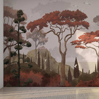 An architectural perspective of a luxury lounge featuring the Tropical Landscape Mural in Amber Orange as a full-scale feature wall. The mural’s warm, earthy landscape pairs elegantly with natural wood furniture and cream textiles, creating a sun-drenched and cultured interior retreat.