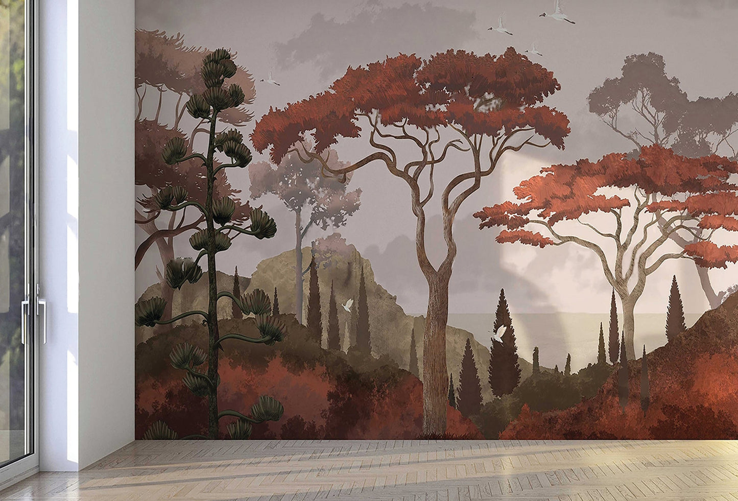 An architectural perspective of a luxury lounge featuring the Tropical Landscape Mural in Amber Orange as a full-scale feature wall. The mural’s warm, earthy landscape pairs elegantly with natural wood furniture and cream textiles, creating a sun-drenched and cultured interior retreat.