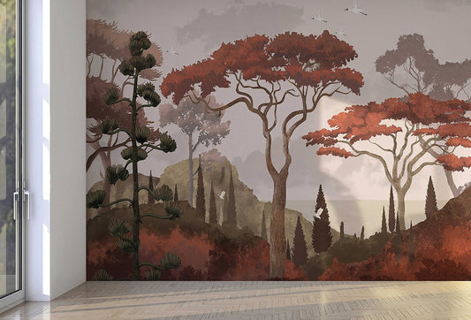 An architectural perspective of a luxury lounge featuring the Tropical Landscape Mural in Amber Orange as a full-scale feature wall. The mural’s warm, earthy landscape pairs elegantly with natural wood furniture and cream textiles, creating a sun-drenched and cultured interior retreat.