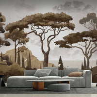 An architectural perspective of a luxury lounge featuring the Tropical Landscape Mural in Coffee Brown as a full-scale feature wall. The mural’s warm, earthy landscape pairs elegantly with a sage green sectional sofa and metallic accents, creating a grounded and cultured interior retreat.
