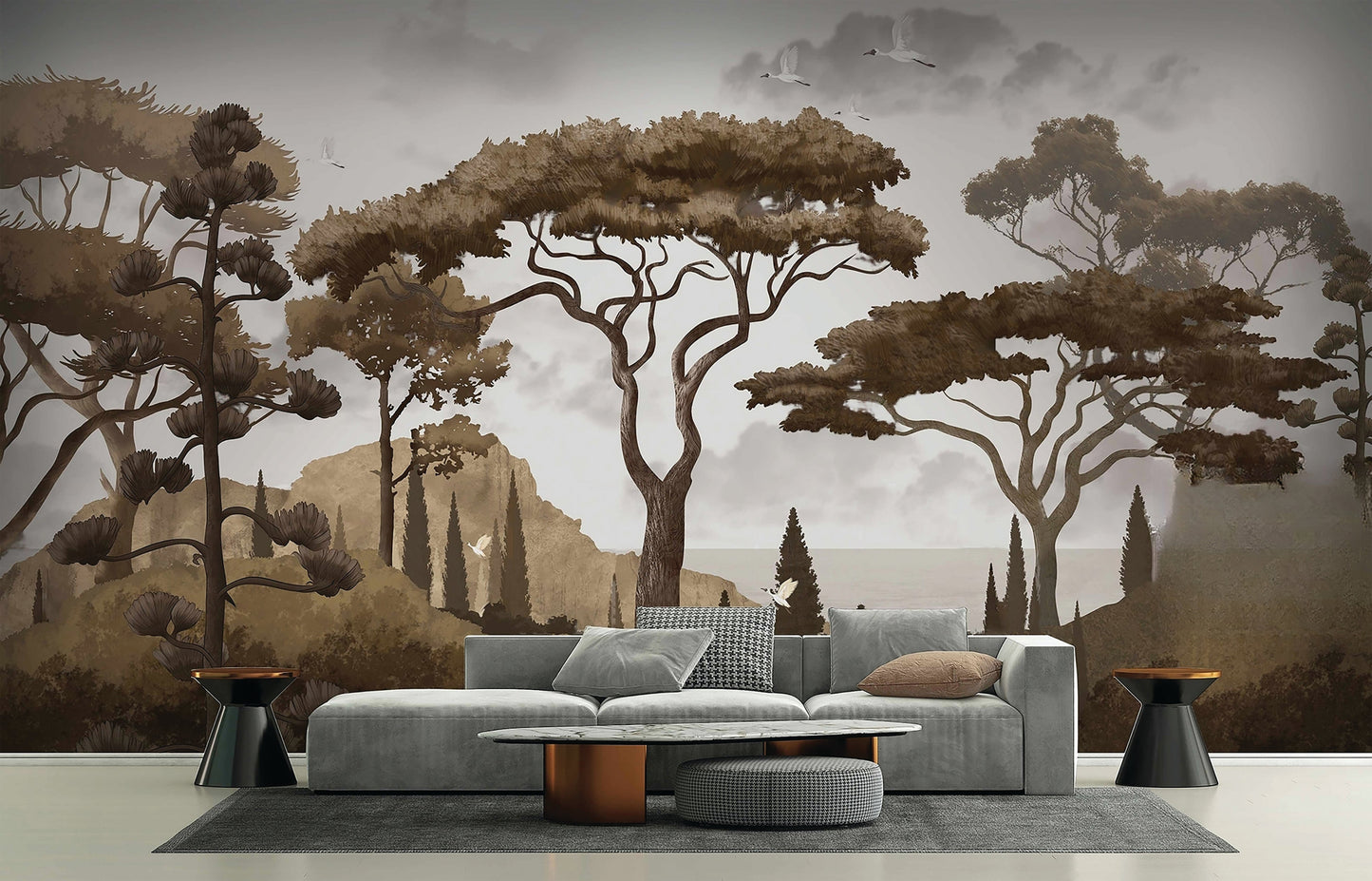 An architectural perspective of a luxury lounge featuring the Tropical Landscape Mural in Coffee Brown as a full-scale feature wall. The mural’s warm, earthy landscape pairs elegantly with a sage green sectional sofa and metallic accents, creating a grounded and cultured interior retreat.