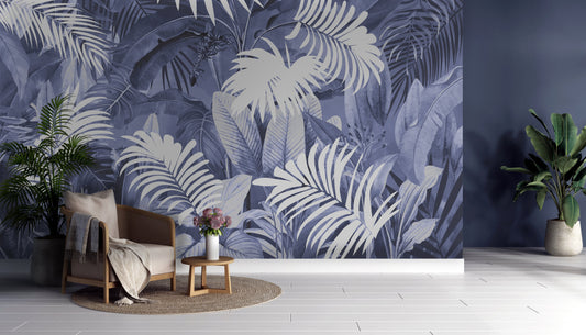 An architectural perspective of a high-end contemporary executive suite featuring the Tropical Leaves Mural in Cool Gray as a full-scale feature wall. The mural’s neutral tones pair perfectly with black metal accents, sleek furniture, and polished stone textures, creating a peaceful and cultured interior sanctuary.