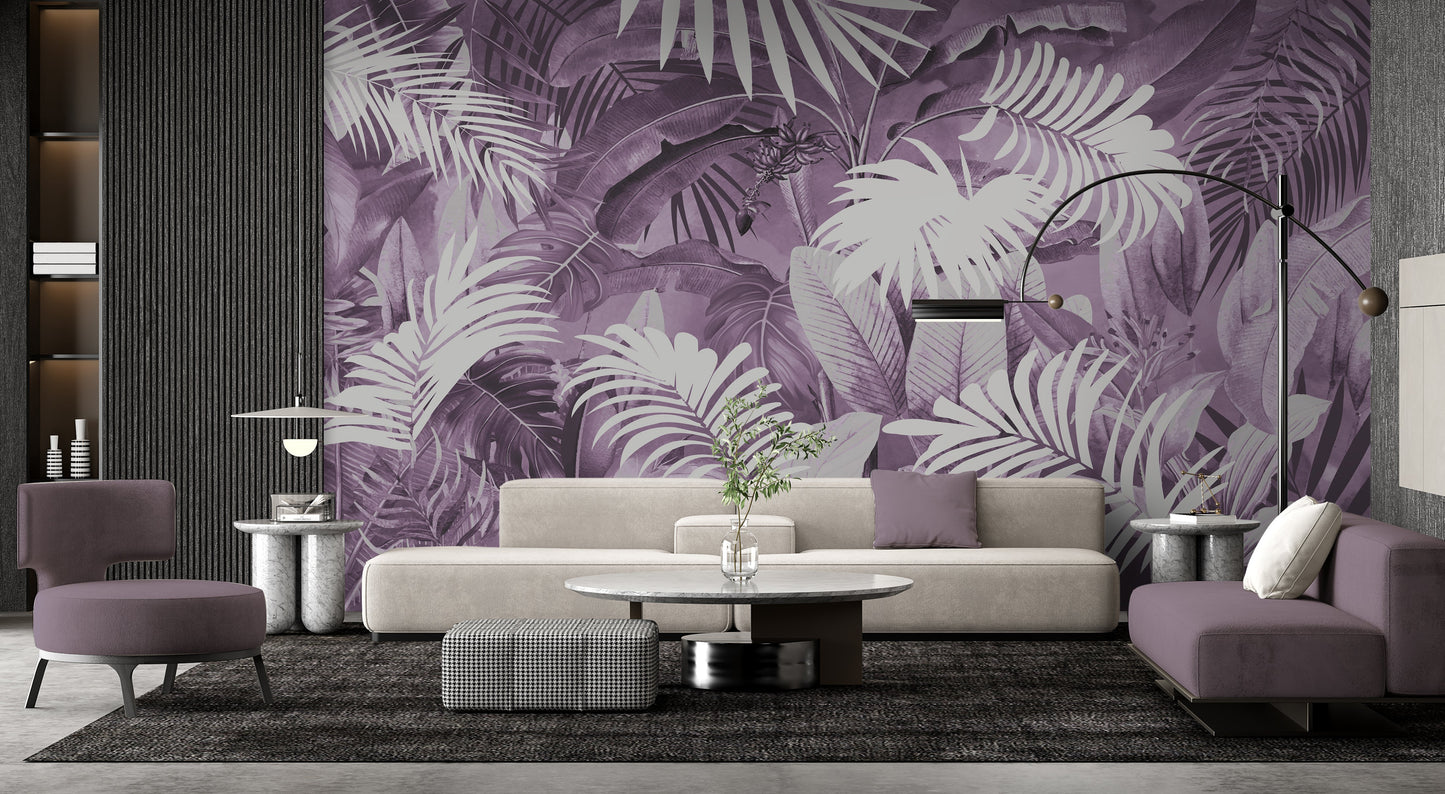 Gentle purple colour tropical leaves mural wallpaper installed as a feature wall in a living room, dining room, and bedroom, showcasing soft purple tones and lush botanical mural wallpaper design.