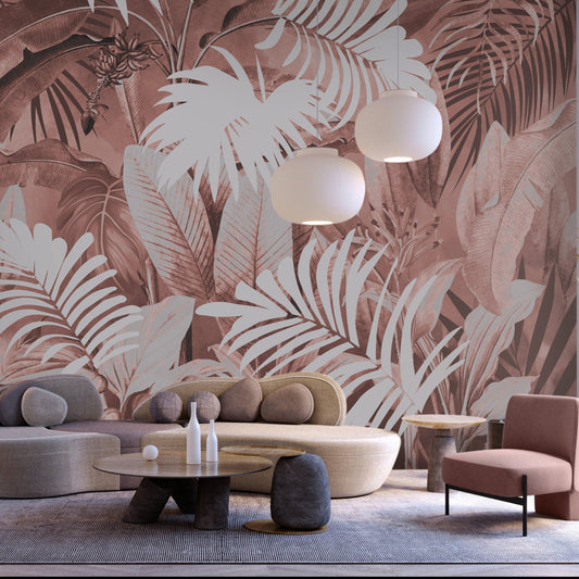 An architectural perspective of a high-end contemporary lounge featuring the Tropical Leaves Mural as a full-scale feature wall behind a modular curved sofa. The mural’s warm coral tones pair perfectly with sculptural pendant lighting, minimalist furniture, and earthy textures, creating a peaceful and cultured interior sanctuary.