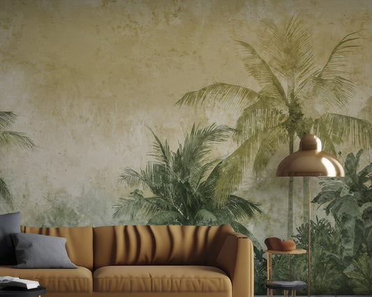 A high-resolution detail of the Tropical Palm Mural Wallpaper, highlighting the painterly textures of the palm fronds and the distressed, plaster-like finish of the background. The image showcases the rich tonal variations of olive green, sage, and warm ochre that define this nature-inspired feature wall.