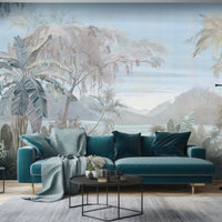 An architectural perspective of a bright contemporary living space featuring the Tropical Whispers Mural as a full-scale feature wall. The mural’s panoramic vista pairs elegantly with light wood flooring and mid-century furniture, creating a peaceful and cultured interior sanctuary.