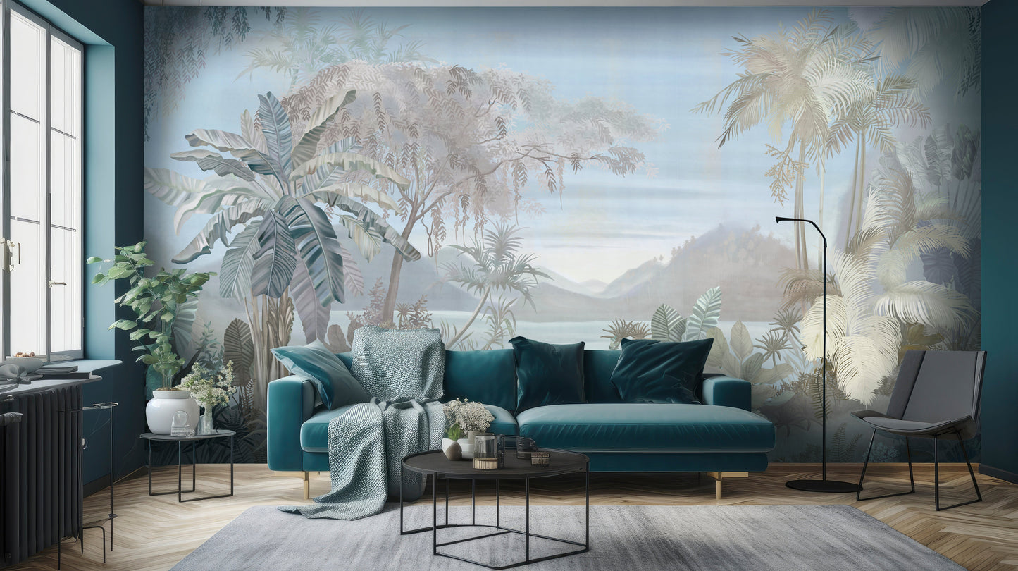 An architectural perspective of a bright contemporary living space featuring the Tropical Whispers Mural as a full-scale feature wall. The mural’s panoramic vista pairs elegantly with light wood flooring and mid-century furniture, creating a peaceful and cultured interior sanctuary.