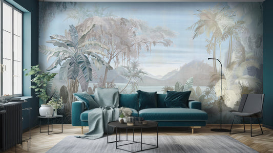 An architectural perspective of a bright contemporary living space featuring the Tropical Whispers Mural as a full-scale feature wall. The mural’s panoramic vista pairs elegantly with light wood flooring and mid-century furniture, creating a peaceful and cultured interior sanctuary.