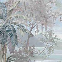 An architectural perspective of a bright contemporary living space featuring the Tropical Whispers Mural as a full-scale feature wall. The mural’s panoramic vista pairs elegantly with light wood flooring and mid-century furniture, creating a peaceful and cultured interior sanctuary.