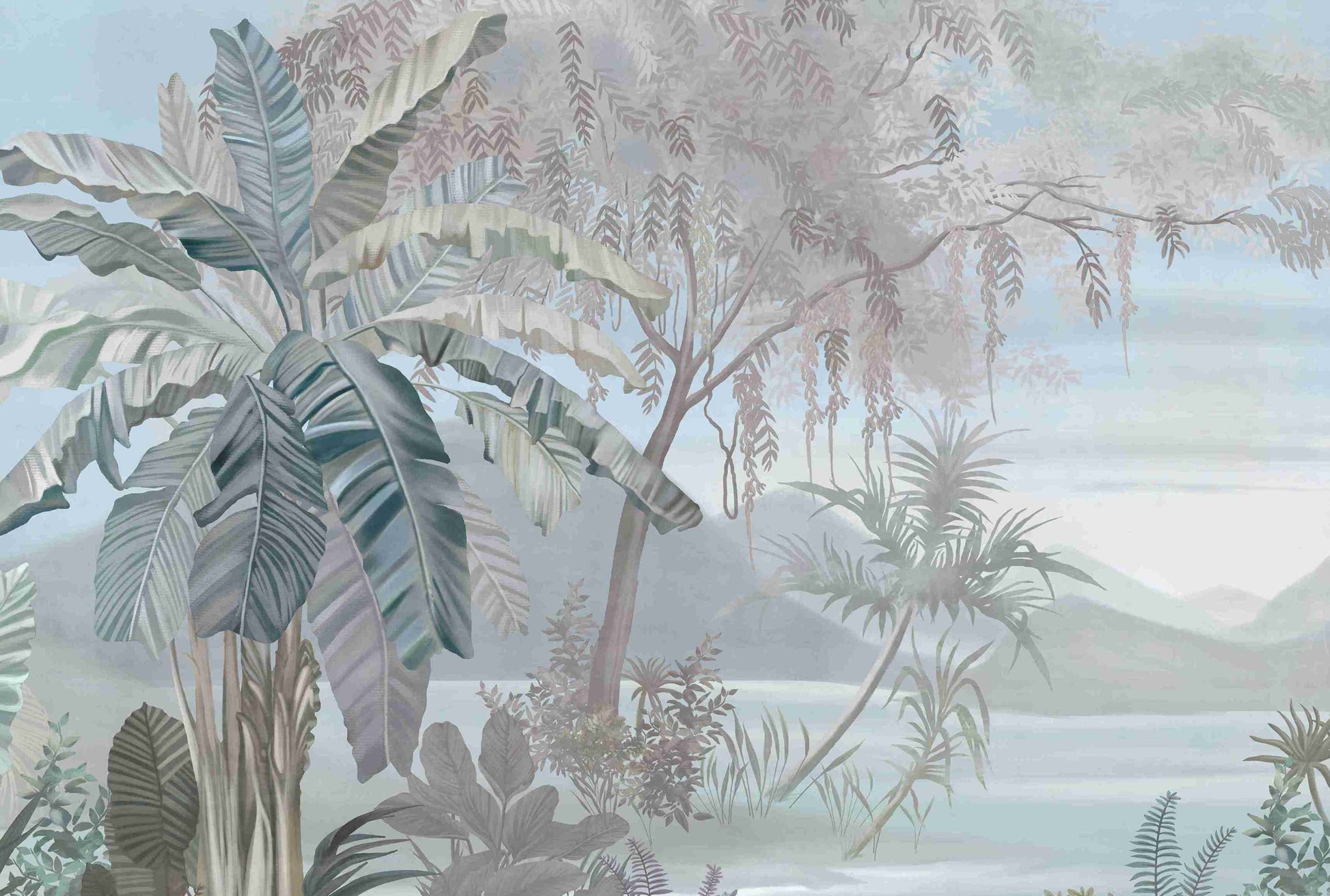 An architectural perspective of a bright contemporary living space featuring the Tropical Whispers Mural as a full-scale feature wall. The mural’s panoramic vista pairs elegantly with light wood flooring and mid-century furniture, creating a peaceful and cultured interior sanctuary.