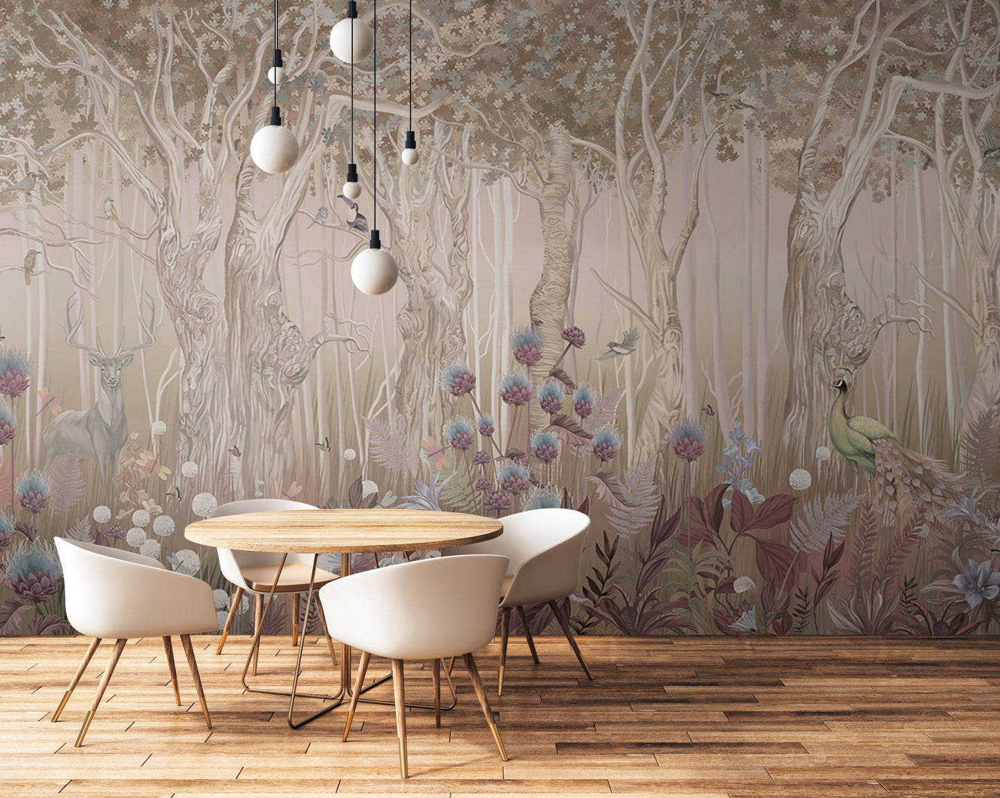 An architectural perspective of a refined master suite featuring the Twilight Grove Mural in Rose Beige as a full-scale feature wall. The mural’s expansive forest vista pairs elegantly with soft linen textures and warm wood accents, creating a peaceful and cultured interior sanctuary.