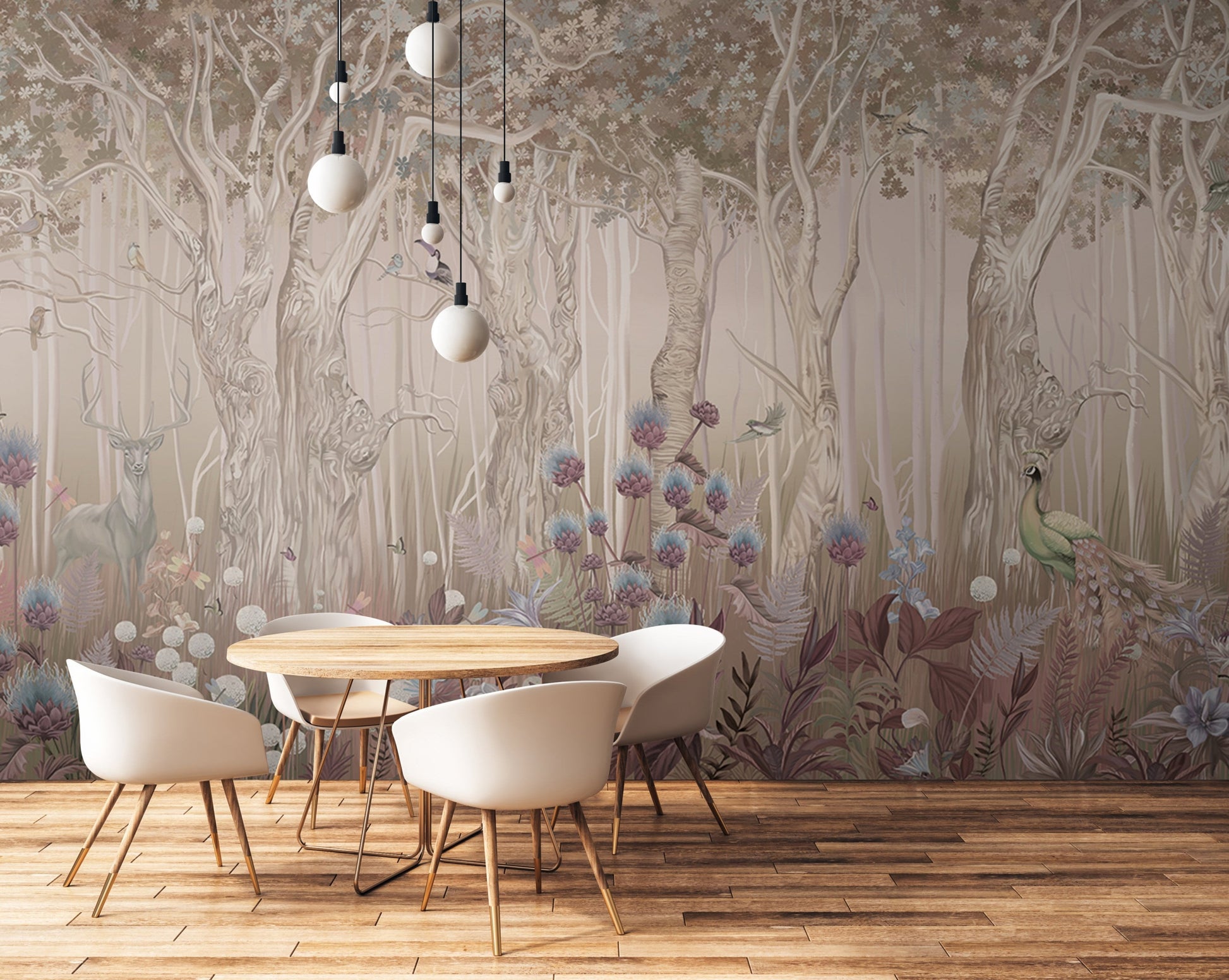An architectural perspective of a refined master suite featuring the Twilight Grove Mural in Rose Beige as a full-scale feature wall. The mural’s expansive forest vista pairs elegantly with soft linen textures and warm wood accents, creating a peaceful and cultured interior sanctuary.