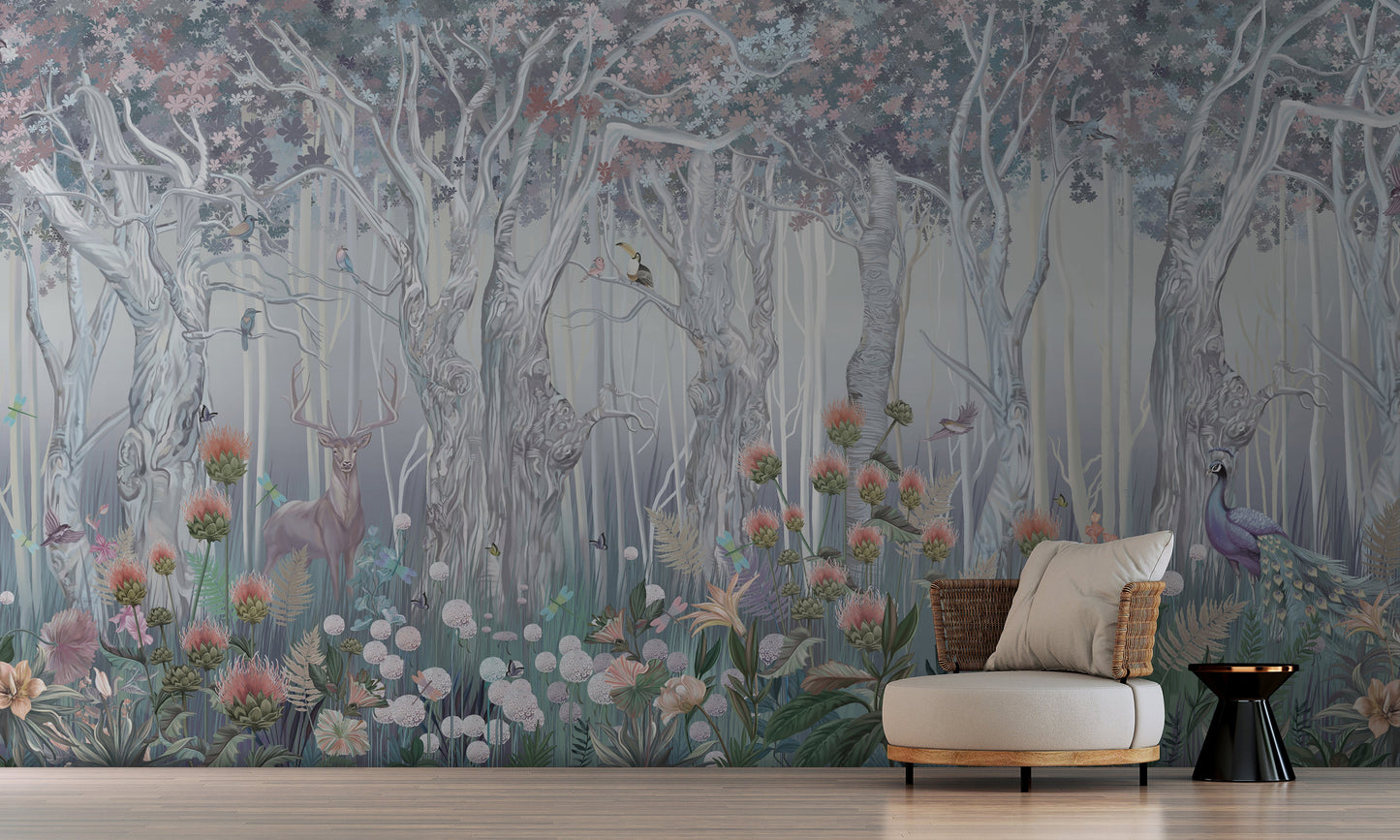An architectural perspective of a refined master suite featuring the Twilight Grove Mural in Silver Blue as a full-scale feature wall. The mural’s expansive forest vista pairs elegantly with cool-toned textiles and silver-finished decor, creating a peaceful and cultured interior sanctuary.