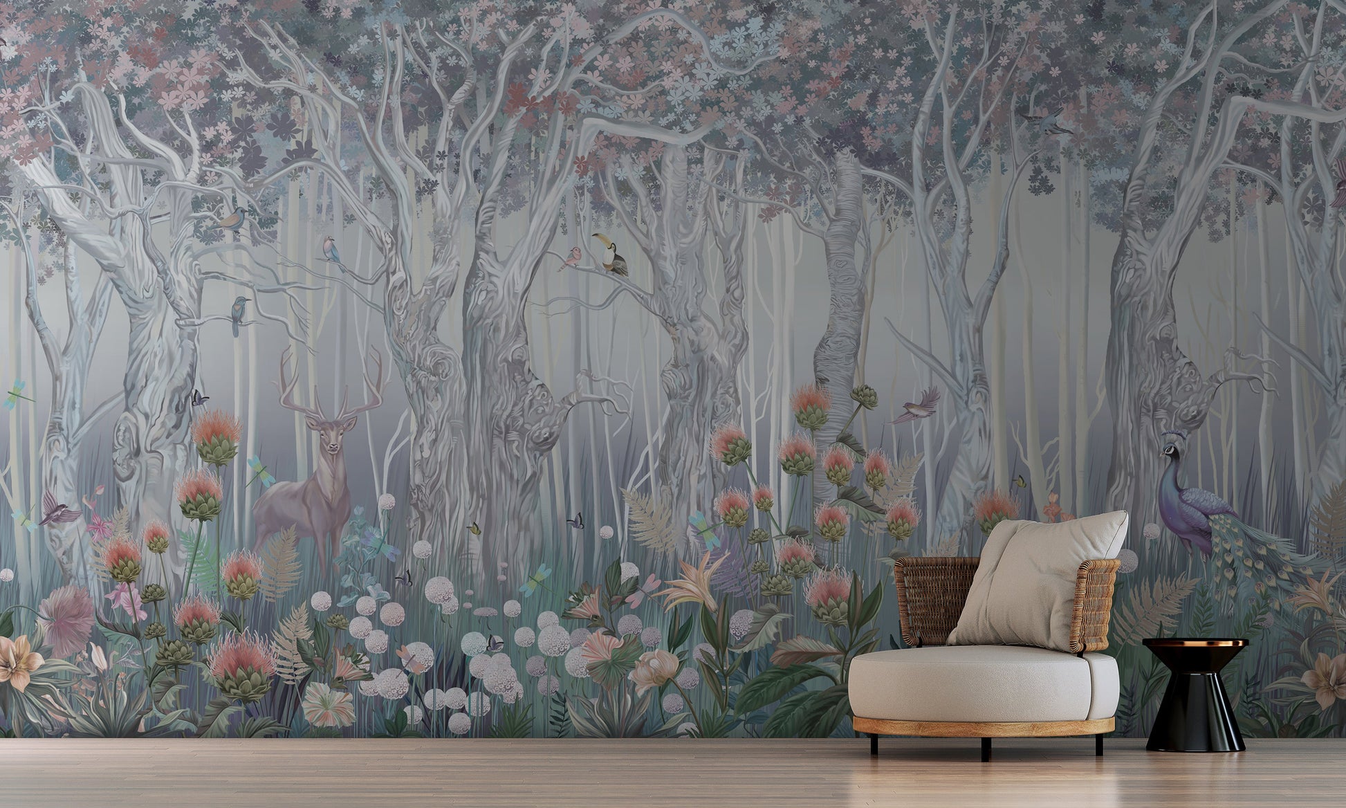 An architectural perspective of a refined master suite featuring the Twilight Grove Mural in Silver Blue as a full-scale feature wall. The mural’s expansive forest vista pairs elegantly with cool-toned textiles and silver-finished decor, creating a peaceful and cultured interior sanctuary.