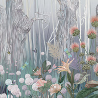 An architectural perspective of a refined master suite featuring the Twilight Grove Mural in Silver Blue as a full-scale feature wall. The mural’s expansive forest vista pairs elegantly with cool-toned textiles and silver-finished decor, creating a peaceful and cultured interior sanctuary.