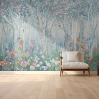 An architectural perspective of a refined master suite featuring the Twilight Grove Mural in Silver Blue as a full-scale feature wall. The mural’s expansive forest vista pairs elegantly with cool-toned textiles and silver-finished decor, creating a peaceful and cultured interior sanctuary.