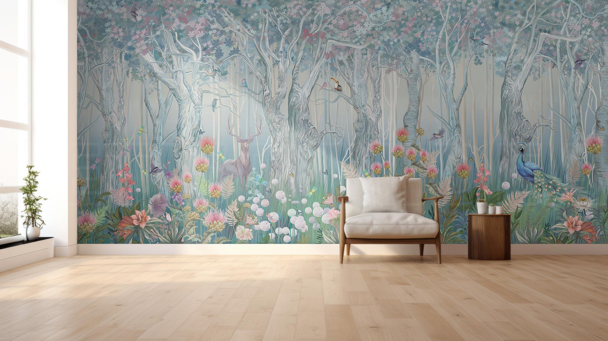 An architectural perspective of a refined master suite featuring the Twilight Grove Mural in Silver Blue as a full-scale feature wall. The mural’s expansive forest vista pairs elegantly with cool-toned textiles and silver-finished decor, creating a peaceful and cultured interior sanctuary.