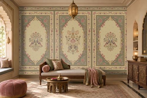 Vanamala Garden Mural Wallpaper - Antique Olive Green featuring elegant peacock motifs, floral bouquets, and ornate heritage-inspired frames in soft dusky teal blue and ivory tones, showcased in a luxurious Indian living room with carved wooden furniture, warm lighting, and classic decorative accents.