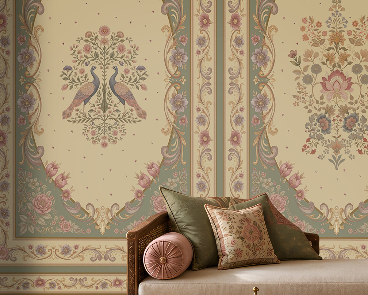 Vanamala Garden Mural Wallpaper - Antique Olive Green featuring elegant peacock motifs, floral bouquets, and ornate heritage-inspired frames in soft dusky teal blue and ivory tones, showcased in a luxurious Indian living room with carved wooden furniture, warm lighting, and classic decorative accents.