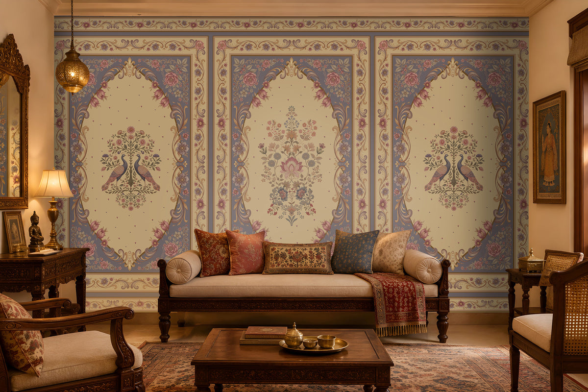 Vanamala Garden Mural Wallpaper - Dusky Lilac displayed in a traditional Indian living room, featuring elegant peacock motifs, intricate floral artwork, ornate heritage frames, and decorative borders in dusky teal blue and soft ivory tones, creating a luxurious palace-inspired interior ambiance.