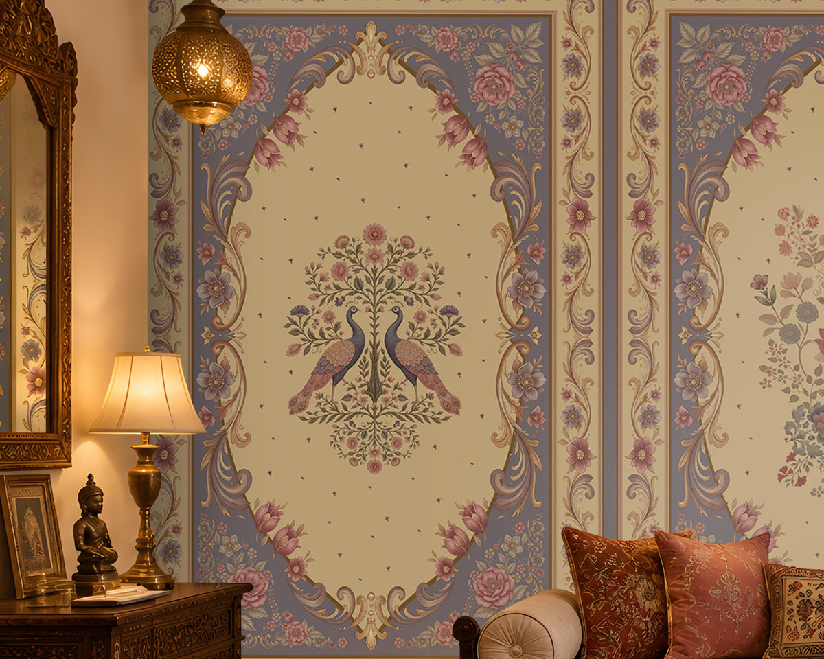 Vanamala Garden Mural Wallpaper - Dusky Lilac displayed in a traditional Indian living room, featuring elegant peacock motifs, intricate floral artwork, ornate heritage frames, and decorative borders in dusky teal blue and soft ivory tones, creating a luxurious palace-inspired interior ambiance.