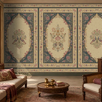 Vanamala Garden Mural Wallpaper - Dusky Teal Blue featuring elegant peacock motifs, intricate floral arrangements, ornate heritage borders, and traditional Indian palace-inspired artwork in soft ivory and dusky teal blue tones, displayed in a luxurious classic living room interior.