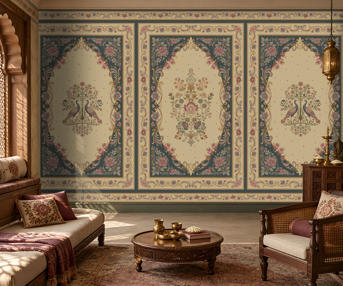 Vanamala Garden Mural Wallpaper - Dusky Teal Blue featuring elegant peacock motifs, intricate floral arrangements, ornate heritage borders, and traditional Indian palace-inspired artwork in soft ivory and dusky teal blue tones, displayed in a luxurious classic living room interior.
