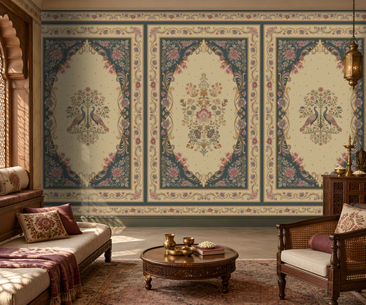 Vanamala Garden Mural Wallpaper - Dusky Teal Blue featuring elegant peacock motifs, intricate floral arrangements, ornate heritage borders, and traditional Indian palace-inspired artwork in soft ivory and dusky teal blue tones, displayed in a luxurious classic living room interior.