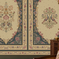 Vanamala Garden Mural Wallpaper - Dusky Teal Blue featuring elegant peacock motifs, intricate floral arrangements, ornate heritage borders, and traditional Indian palace-inspired artwork in soft ivory and dusky teal blue tones, displayed in a luxurious classic living room interior.