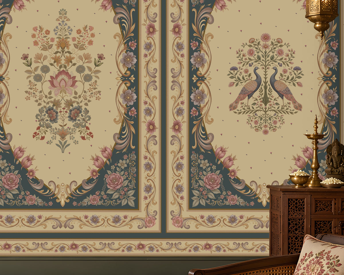 Vanamala Garden Mural Wallpaper - Dusky Teal Blue featuring elegant peacock motifs, intricate floral arrangements, ornate heritage borders, and traditional Indian palace-inspired artwork in soft ivory and dusky teal blue tones, displayed in a luxurious classic living room interior.