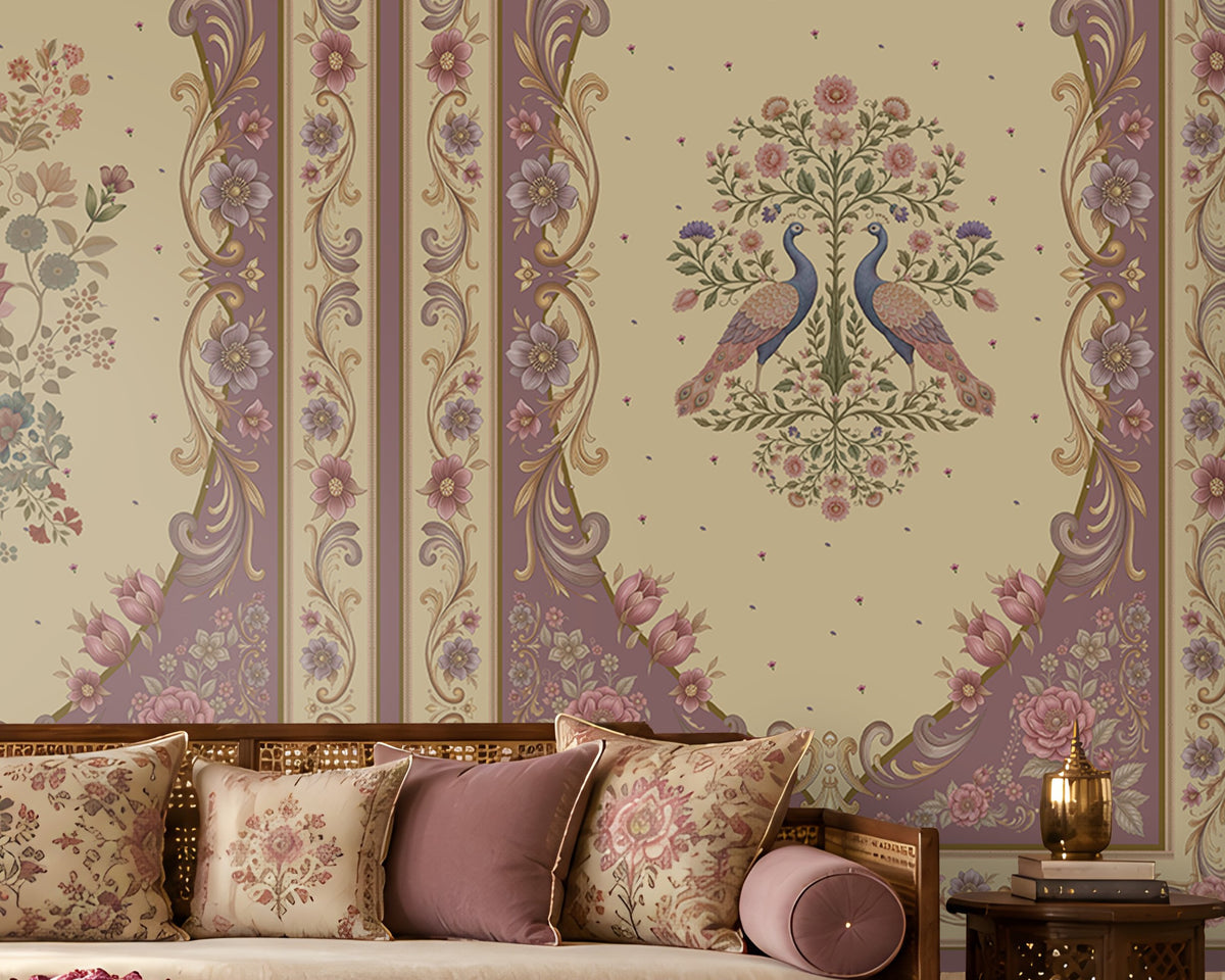 Vanamala Garden Mural Wallpaper - Muted Plum featuring graceful peacock motifs, delicate floral bouquets, and ornate heritage-inspired borders in soft dusky teal blue and ivory tones, showcased in an elegant Indian living room with carved wooden furniture and traditional décor.