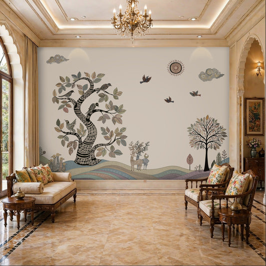 Elegant luxury living room featuring a large nature-inspired mural wallpaper with stylized trees, birds, deer, rolling hills, clouds, and sun motifs in soft earthy tones. The space is enhanced by traditional wooden seating, floral cushions, marble flooring, ornate chandeliers, and grand Indian architectural details.