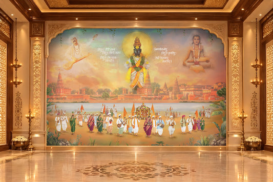 Vari Pandhari – Orange, a Maharashtrian Wari-inspired interior design featuring vibrant orange tones, traditional temple architecture, intricate decorative details, and cultural elements celebrating Lord Vitthal and the sacred pilgrimage to Pandharpur.