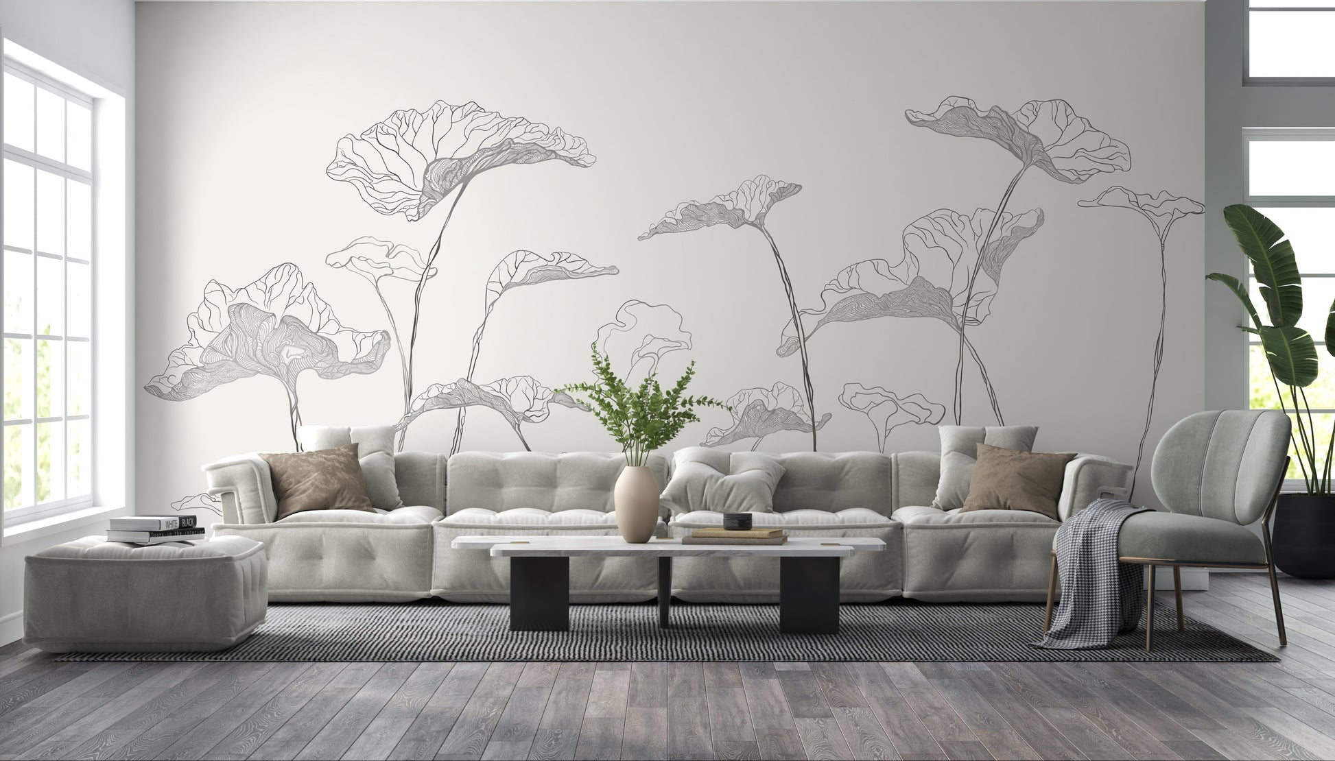 Graphite leaf pattern mural wallpaper installed as a feature wall in living room, dining room, and bedroom interiors with botanical detailing.