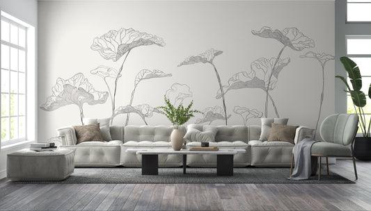 Graphite leaf pattern mural wallpaper installed as a feature wall in living room, dining room, and bedroom interiors with botanical detailing.