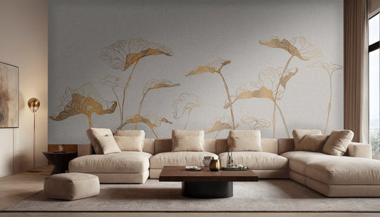 Parchment gold leaf pattern mural wallpaper installed as a feature wall in living room, dining room, and bedroom interiors with botanical detailing.