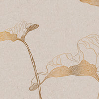 Parchment gold leaf pattern mural wallpaper installed as a feature wall in living room, dining room, and bedroom interiors with botanical detailing.