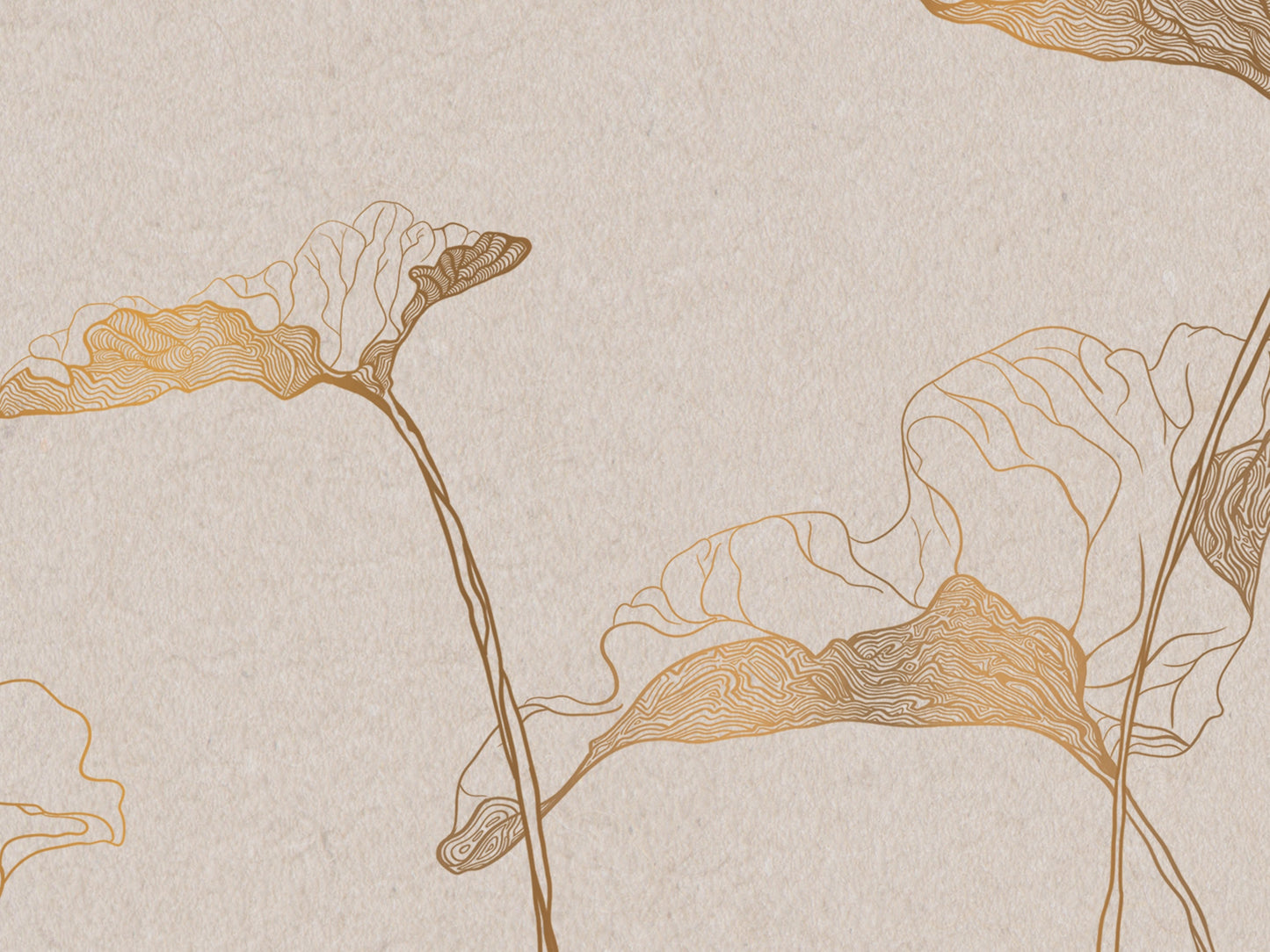 Parchment gold leaf pattern mural wallpaper installed as a feature wall in living room, dining room, and bedroom interiors with botanical detailing.