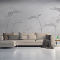 An architectural perspective of a contemporary luxury lounge featuring the Veins of Nature Mural in Silk Stone Neutral as a full-scale backdrop behind a white sectional sofa. The mural’s vertical composition and transparent layering create a sense of expansive, misty space, pairing elegantly with industrial concrete flooring and minimalist wooden furniture.