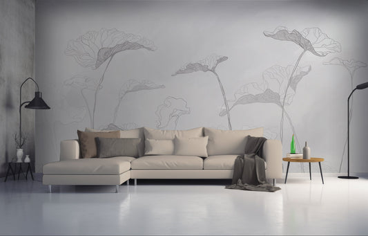 An architectural perspective of a contemporary luxury lounge featuring the Veins of Nature Mural in Silk Stone Neutral as a full-scale backdrop behind a white sectional sofa. The mural’s vertical composition and transparent layering create a sense of expansive, misty space, pairing elegantly with industrial concrete flooring and minimalist wooden furniture.