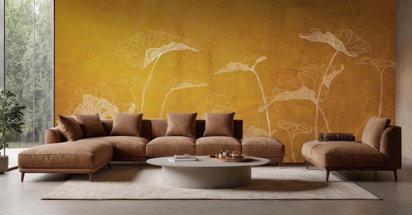 An architectural perspective of a contemporary luxury lounge featuring the Veins of Nature Mural in Sunset Gold as a full-scale backdrop behind a leather sectional sofa. The mural’s vertical composition and luminous color create a sense of warmth and expansive space, pairing elegantly with natural stone flooring and modern designer furniture.