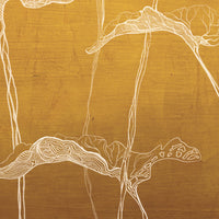 Sunset gold leaf pattern mural wallpaper installed as a feature wall in living room, dining room, and bedroom interiors with botanical detailing.