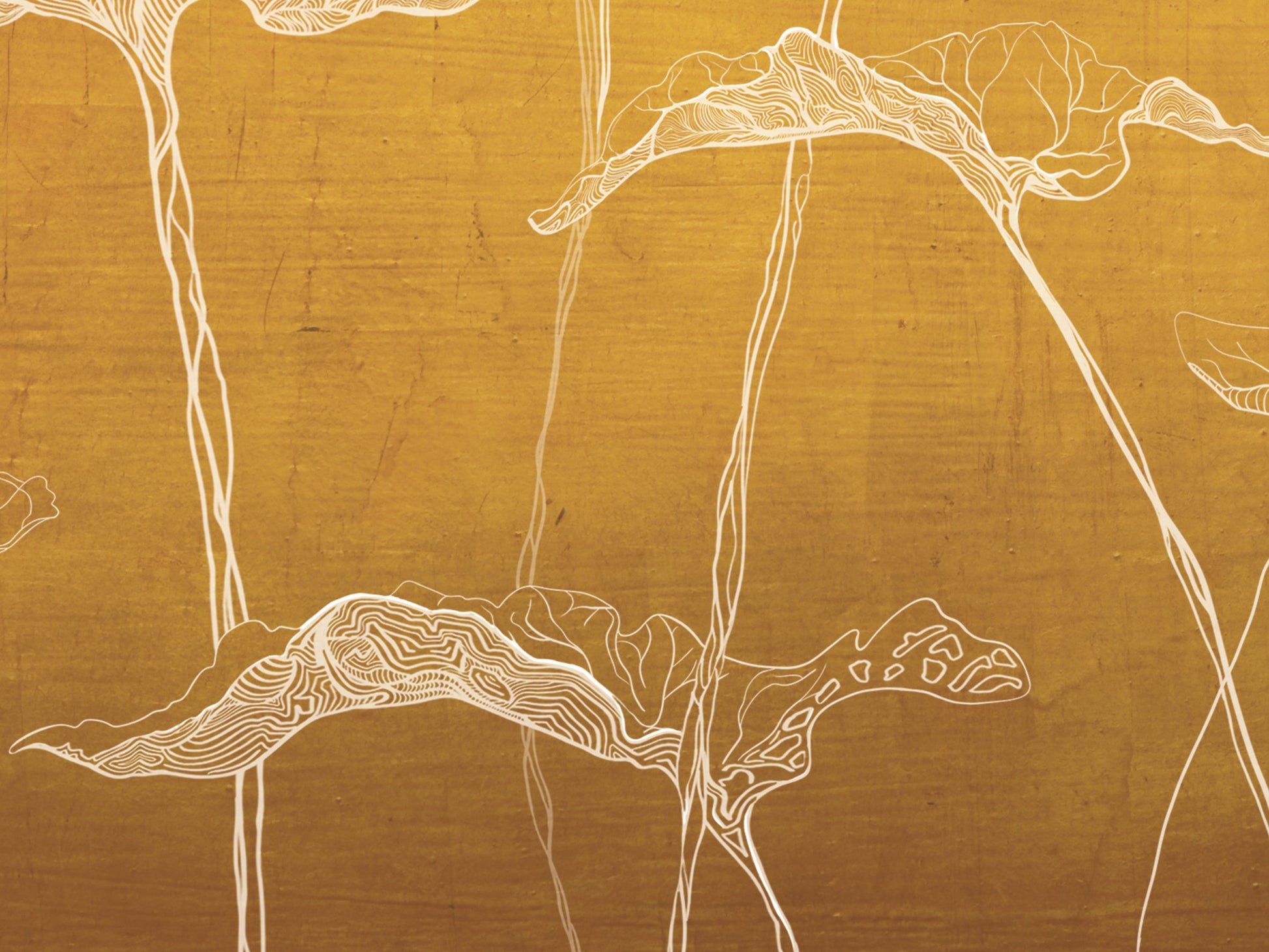 Sunset gold leaf pattern mural wallpaper installed as a feature wall in living room, dining room, and bedroom interiors with botanical detailing.