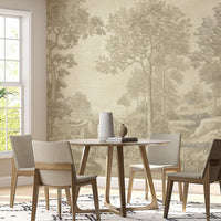 A high-resolution detail of the Vintage Countryside Landscape Wallpaper, showcasing the fine, etched-style line work and soft tonal gradients of the trees and ancient stone bridge. The image highlights the sophisticated Beige palette and the subtle, weathered texture of the sky.